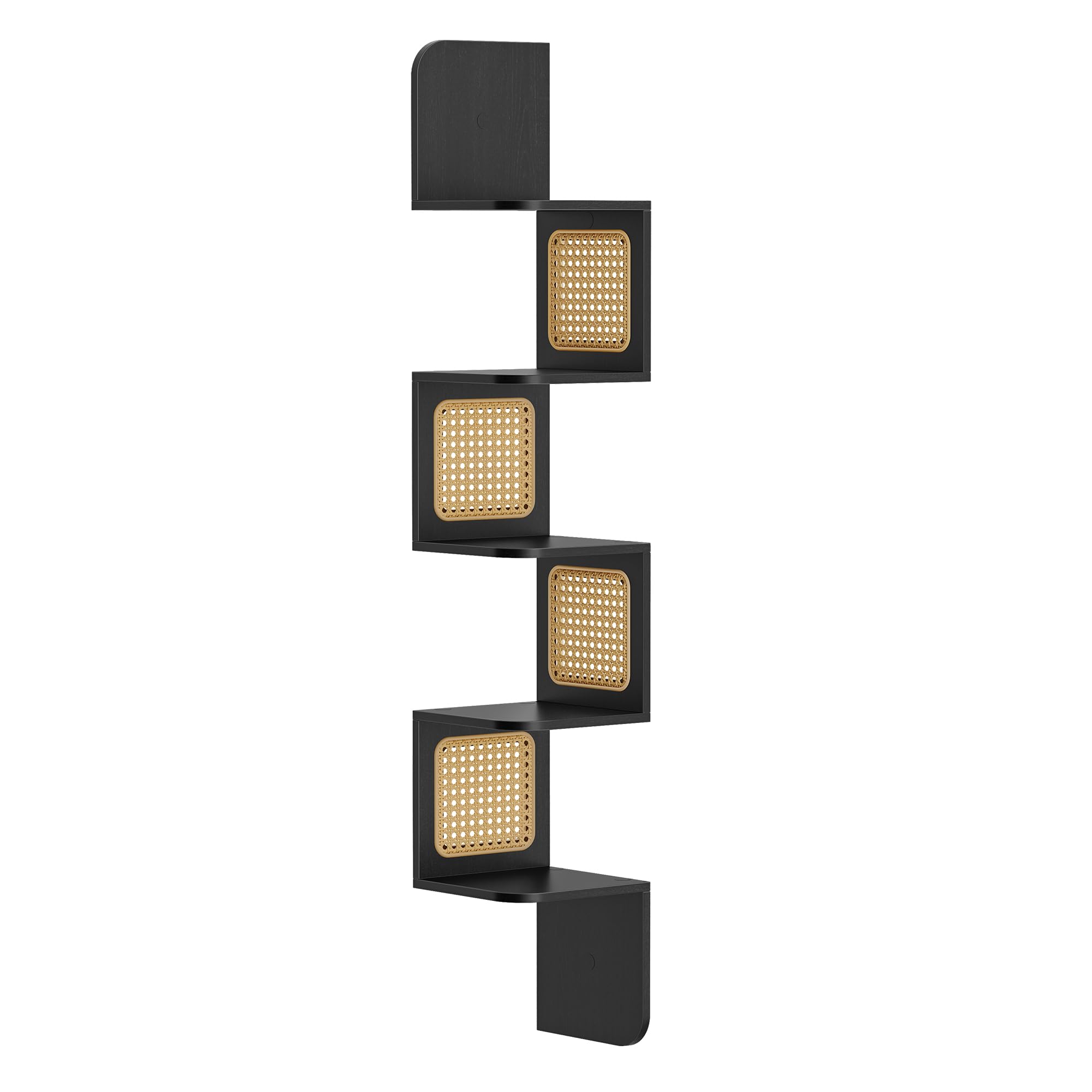 VASAGLE Corner Shelf, 5-Tier Corner Floating Wall Shelf, Wall Mounted Zigzag Corner Shelf Unit, PVC Rattan Sides, Space-Saving, for Kitchen, Bedroom, Living Room, Boho Style, Ash Black LLS582B21