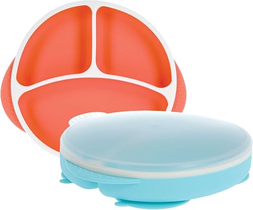 Nuby Silicone Round Suction Plate with Lid - Dishwasher-Safe Baby and Toddler Plate - 6+ Months - Aqua and Coral - Back to School Essentials