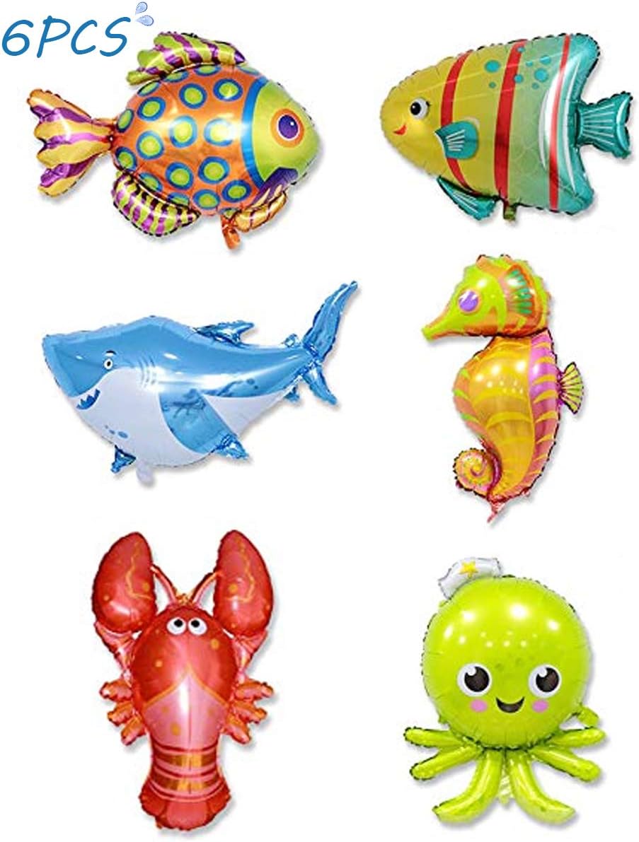 Ocean Theme Mylar Foil Aluminum Balloons 6 Pieces Sea Animals Cartoon Balloons Creatures Tropical Fish Balloons for Kids Birthday Party Decoration Supplies