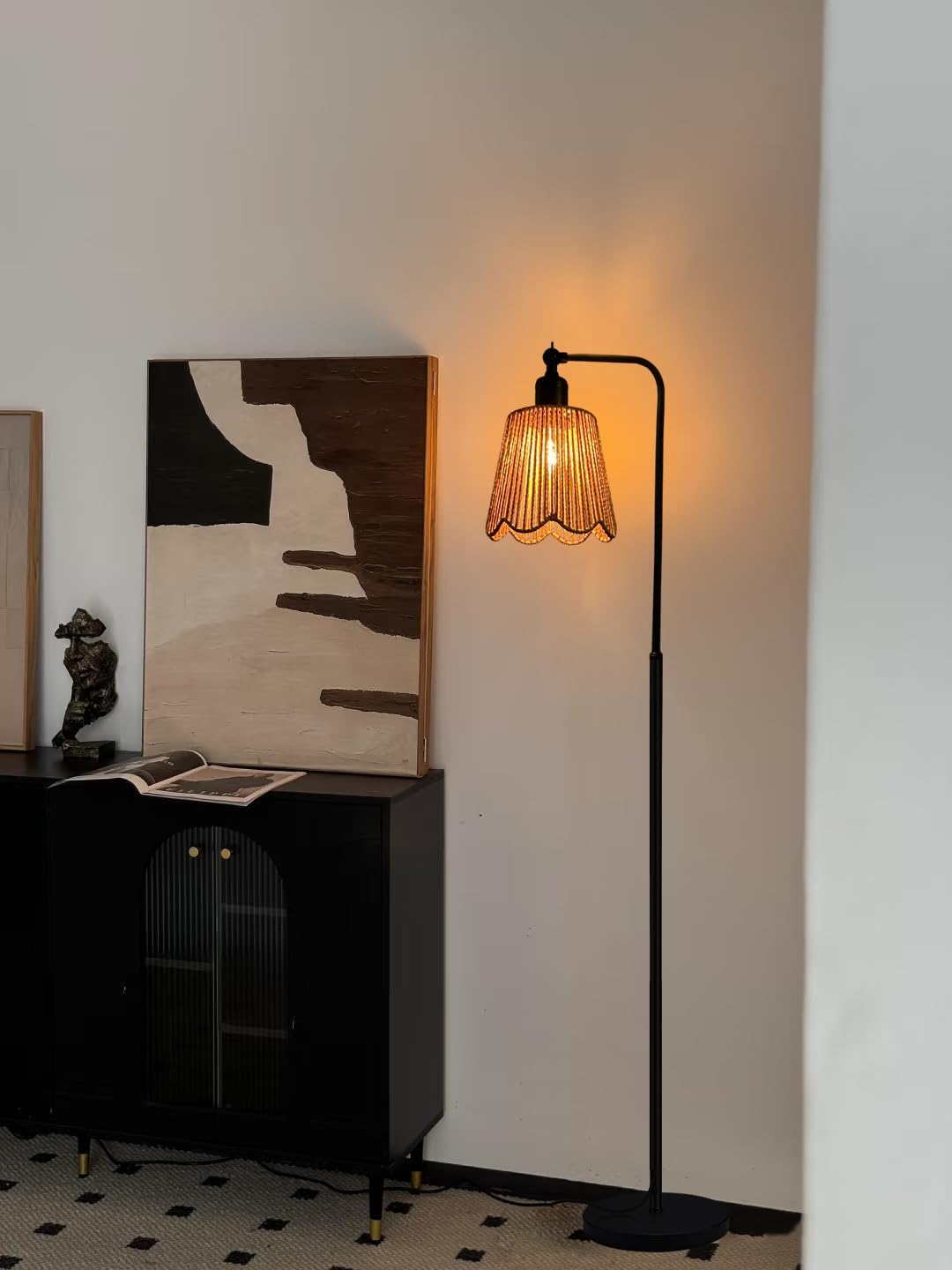 65" Tall Floor Lamp for Living Room, Boho Floor Lamp with LED Bulb, Foot Switch, Rattan Shade, Industrial Farmhouse Standing Lamp for Bedroom, Dining Room, Study Room, Office