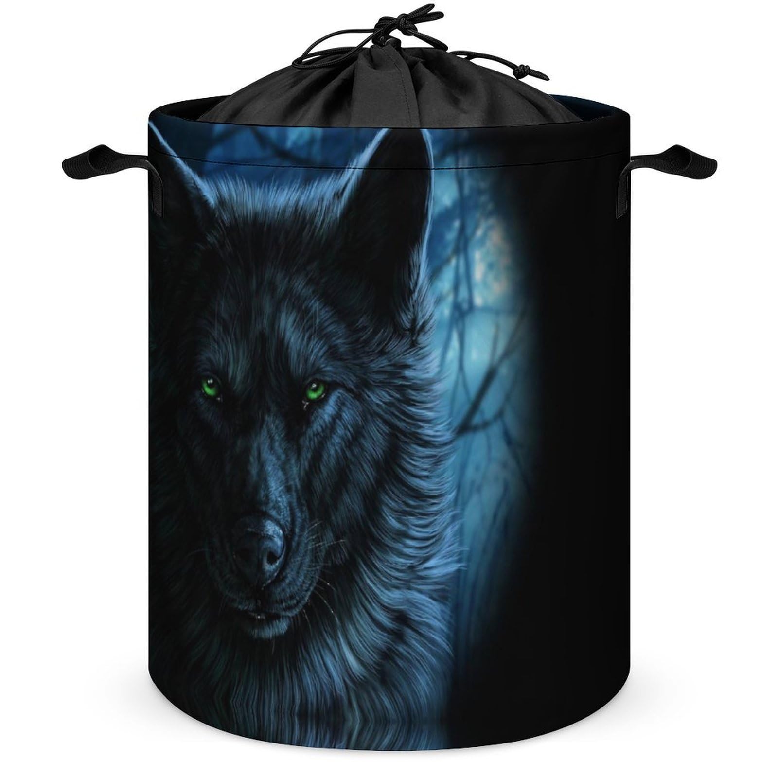 Qjjinxior Drawstring Laundry Hamper, Green Eyed Wolf Laundry Basket, Washing Basket with Handle