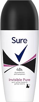 Sure Women Invisible Pure Roll On Deodorant Antiperspirant that protects against white marks and yellow stains for and hour sweat and odour protection 50 ml, Pack of 6