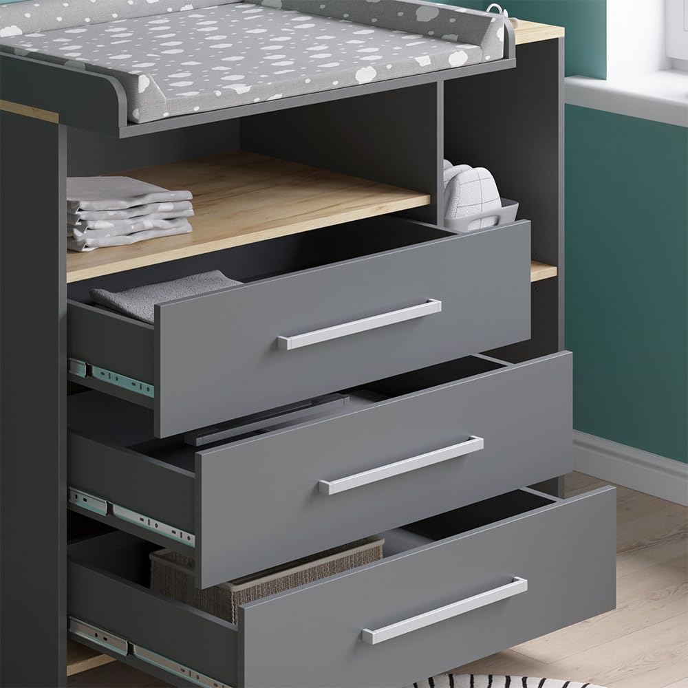Vicco Cambiador Oskar, Antracita/Roble Dorado, 113 x 93 cm con 3 cajones, Convertible en cómoda Gracias al Cambiador extraíble
