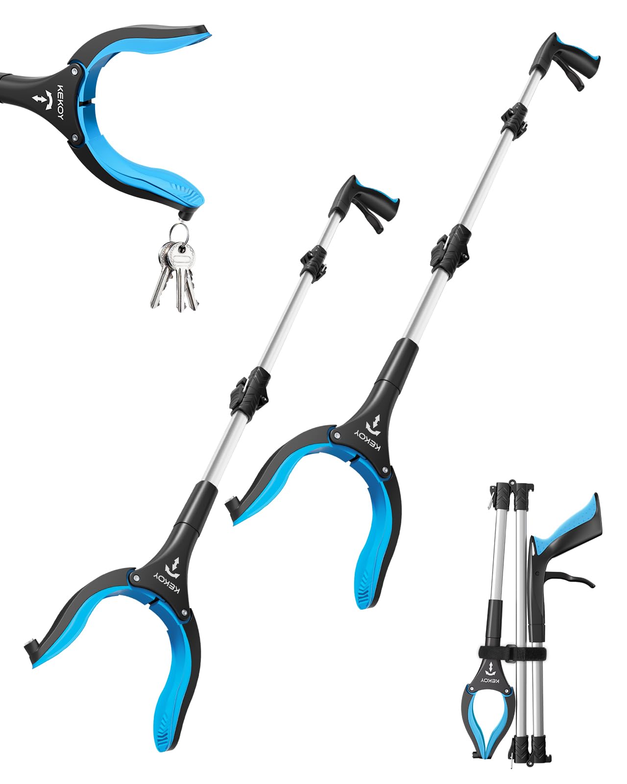 KEKOY Pinza Larga de 91 cm para Personas Mayores, Pinza Larga para Alcanzar Objetos Plegables con Pinza Antideslizante Rotatoria de 360°, Garra Extendida de 4" de Ancho con Imán (Azul,2 Piezas)
