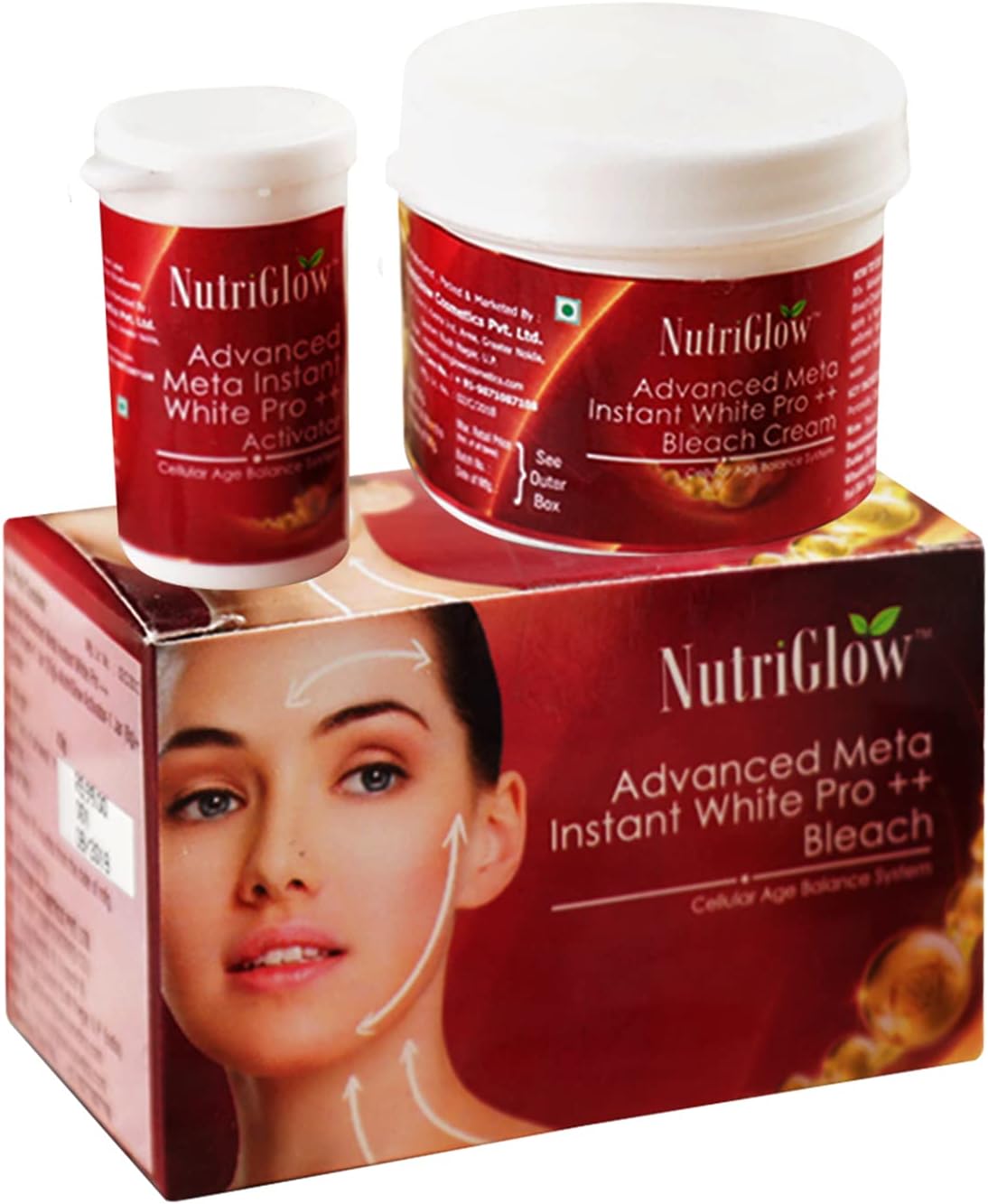 NutriGlow Advanced Meta Instant White Pro ++ Bleach for Glowing and Brightening Skin, Lightens Facial Hair, Dark Spot Reduction, All Skin Types, 43gm