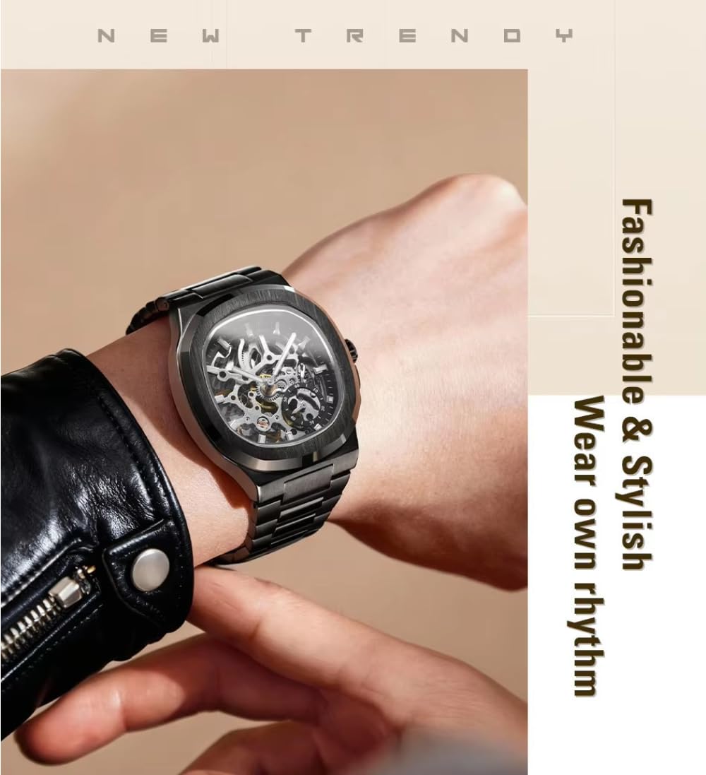 Quadratische, runde Form, ausgehöhltes Skelett, automatische mechanische Herrenuhr, Edelstahl, wasserdicht, leuchtend, luxuriös, Business-Uhren
