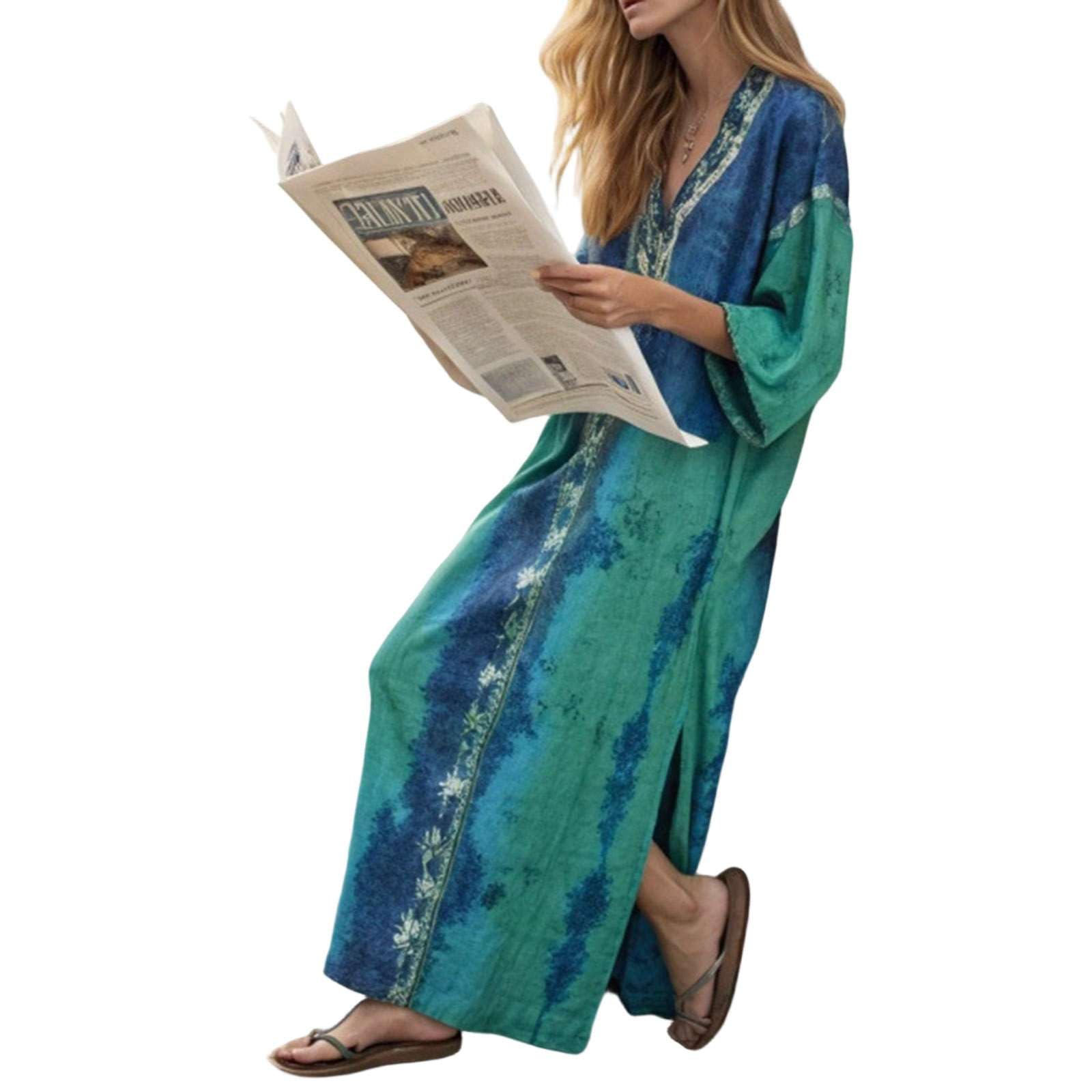 Generico Vestito Estivo Donna Lungo Elegante in Lino e Cotone, Abito Maxi Largo Boho Chic con Tasche e Scollo a V, Prendisole Traspirante e Comodo, Perfetto per Vacanza Spiaggia o Cerimonia