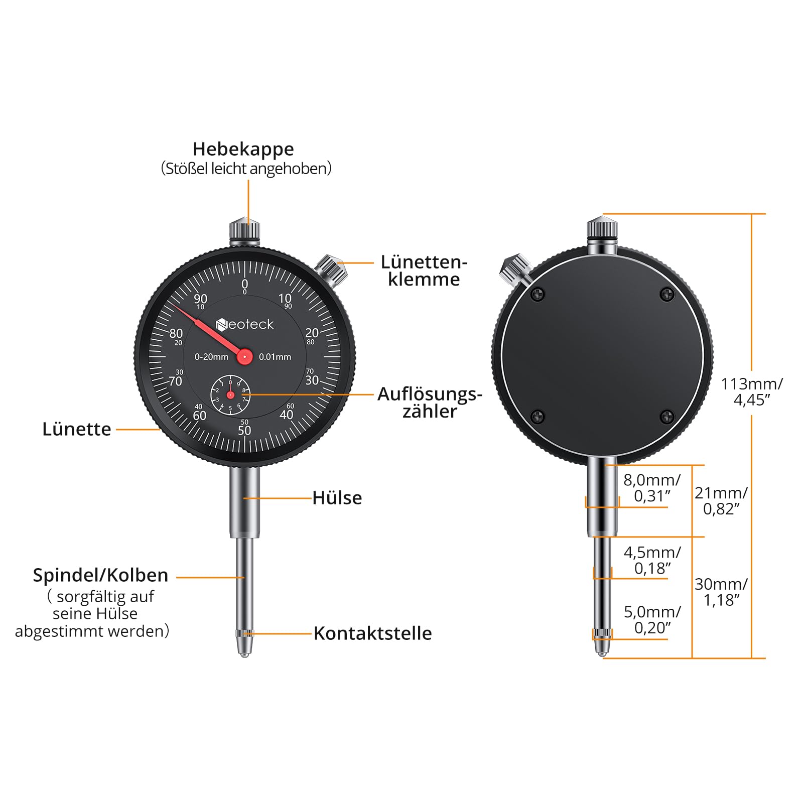 Neoteck Messuhr und Magnetstativ, Messtaster 0-20mm, Zentralklemmung Messuhrhalte für herkömmliche Messuhr - Schwarz