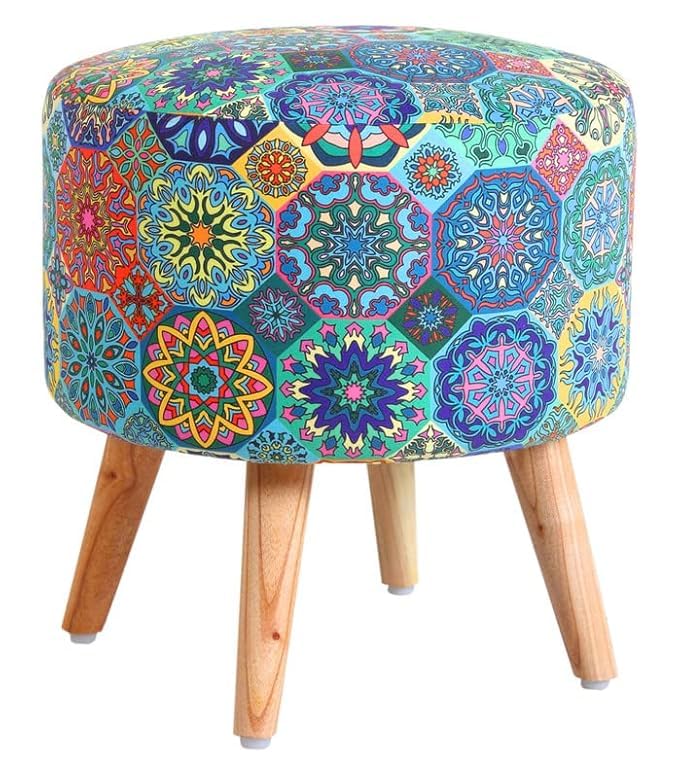 Image of Ottoman for Living Room, Velvet Round Foot Rest Stool, Wooden Legs Chair for Sitting, Ottoman for Bedroom & Makeup Room Decor | Chair (18 inchx18 inchx32 inch), Puffy (16 inchx16 inchx17 inch) | Healing Energy