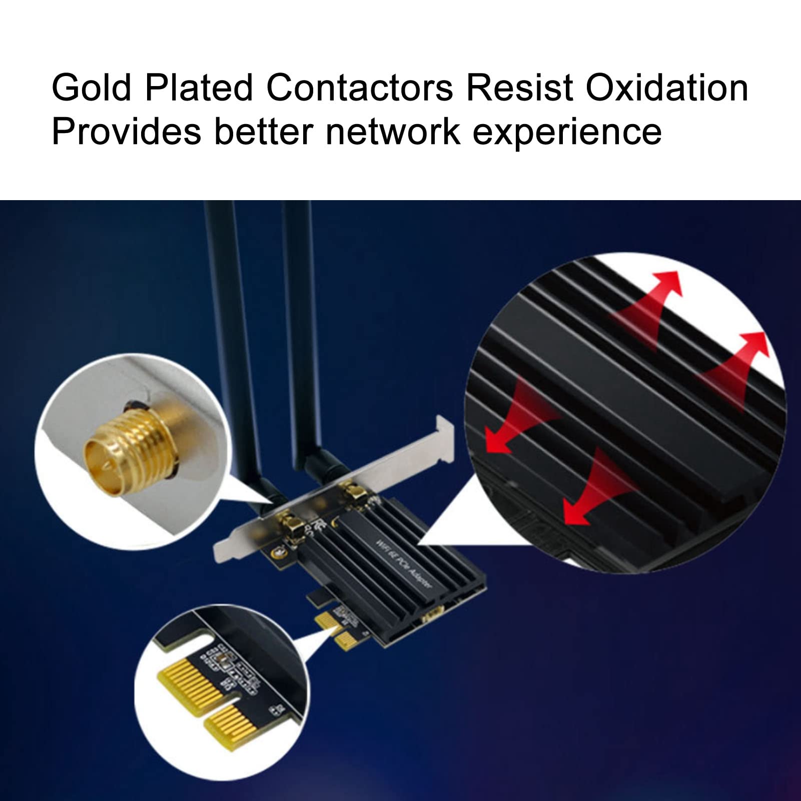 Bezprzewodowa karta LAN 6E PCIE, szybsza prędkość o mniejszym opóźnieniu, technologia BT 5.2, pozłacany interfejs wbudowany radiator, wielozakresowy 5 Ghz 6 Ghz 2,4 Ghz dla PC