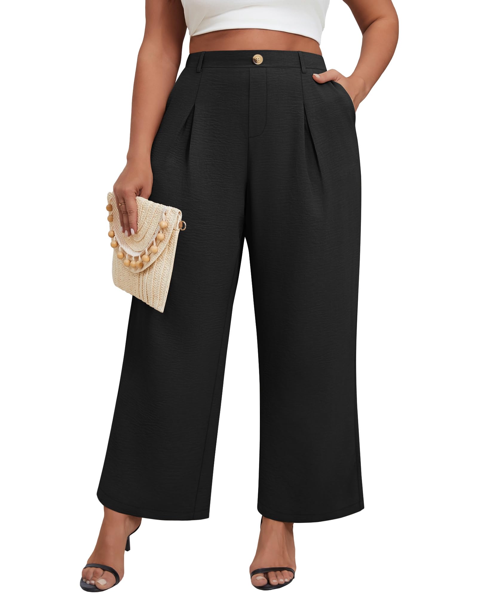 Neer Womens Plus Size Wide Leg Pants Elastic High Waist Palazzo Pants Casual Business Trousers with Pockets Black