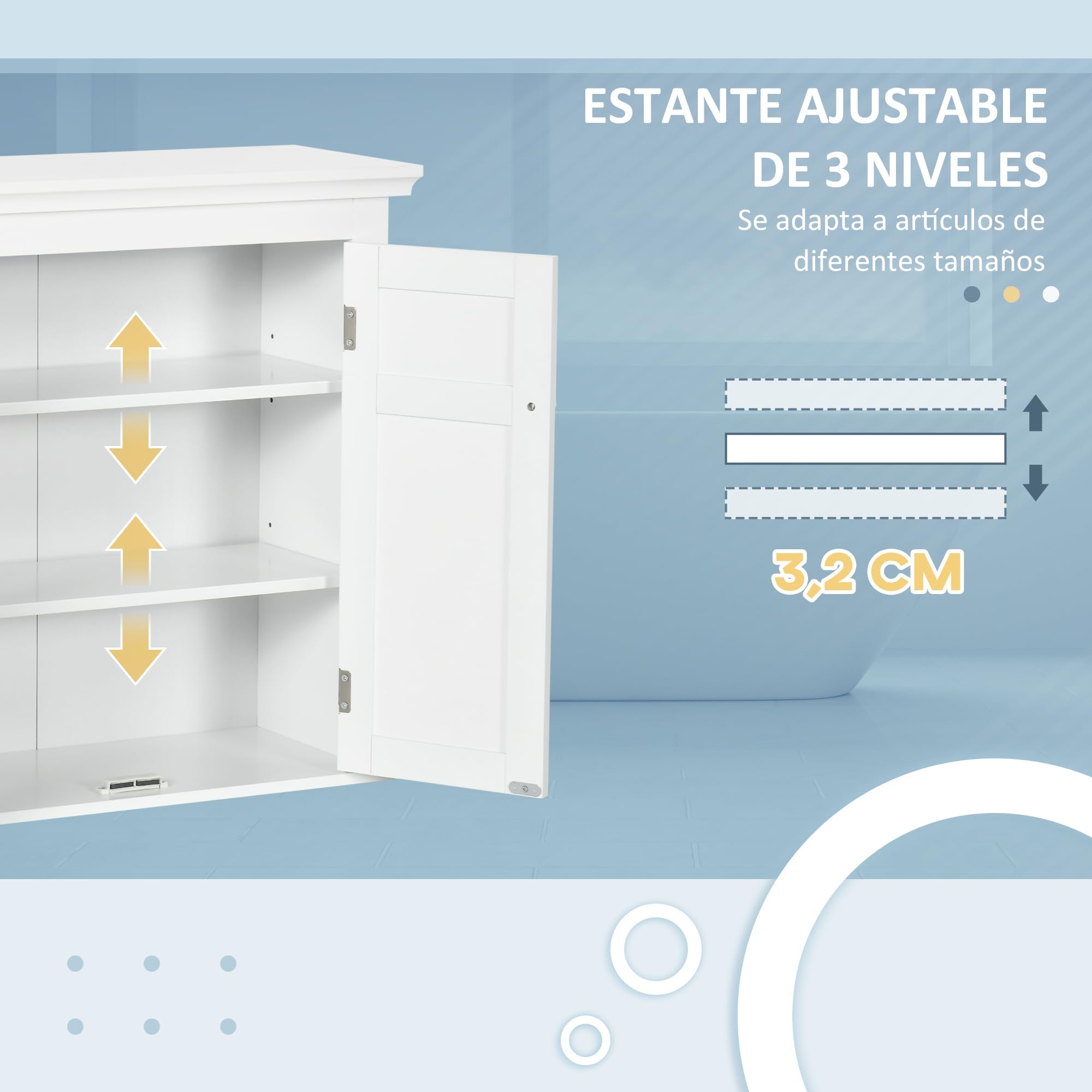 kleankin Armario para Baño de Pared Mueble de Baño Colgar con Estantes Ajustables y Puertas con Cierre Magnético Armario de Pared para Cocina Comedor 58x24x60 cm Blanco