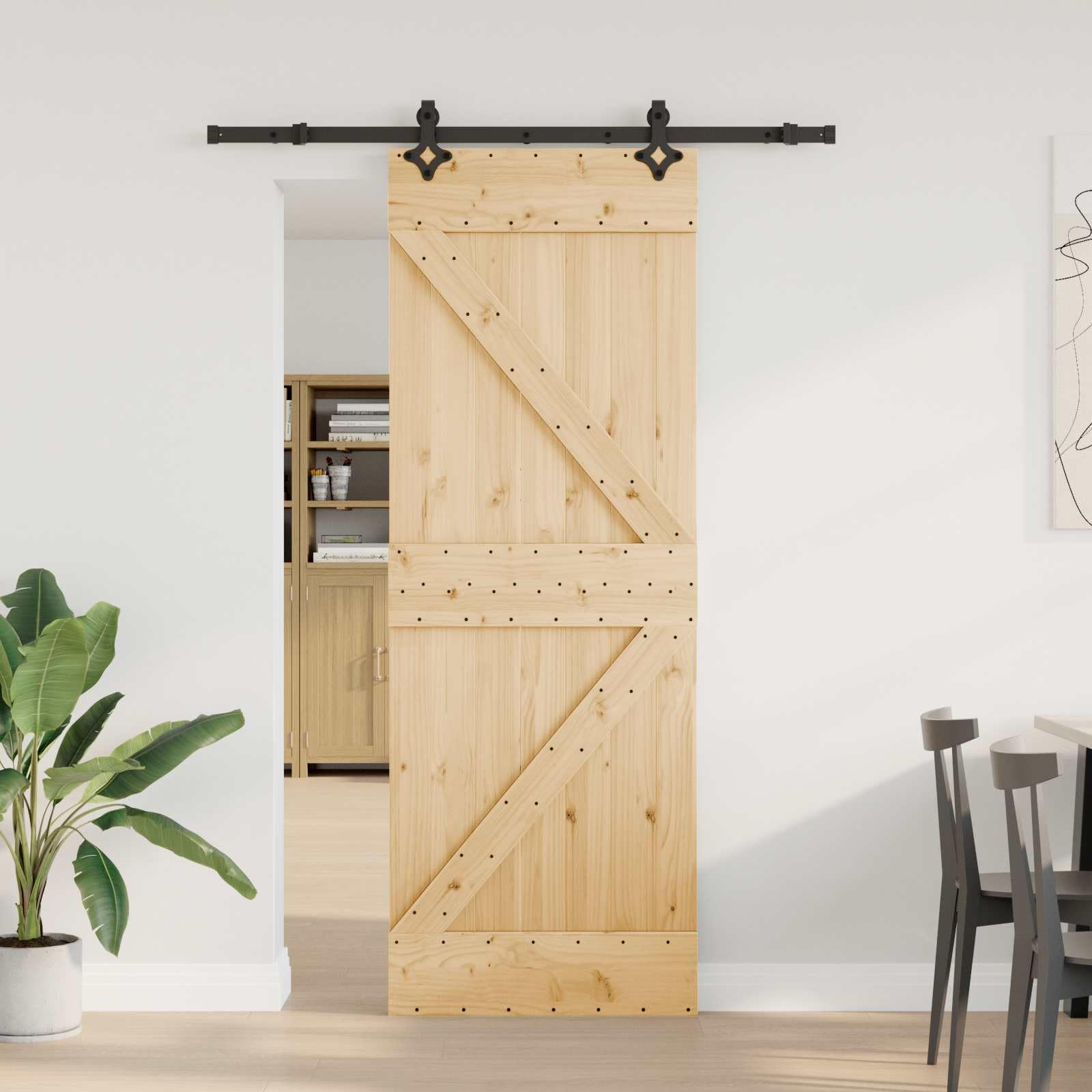 NARVIK - Porta scorrevole in legno di pino massiccio e acciaio, 70 x 210 cm, sistema di porta scorrevole salvaspazio per interni, colore nero