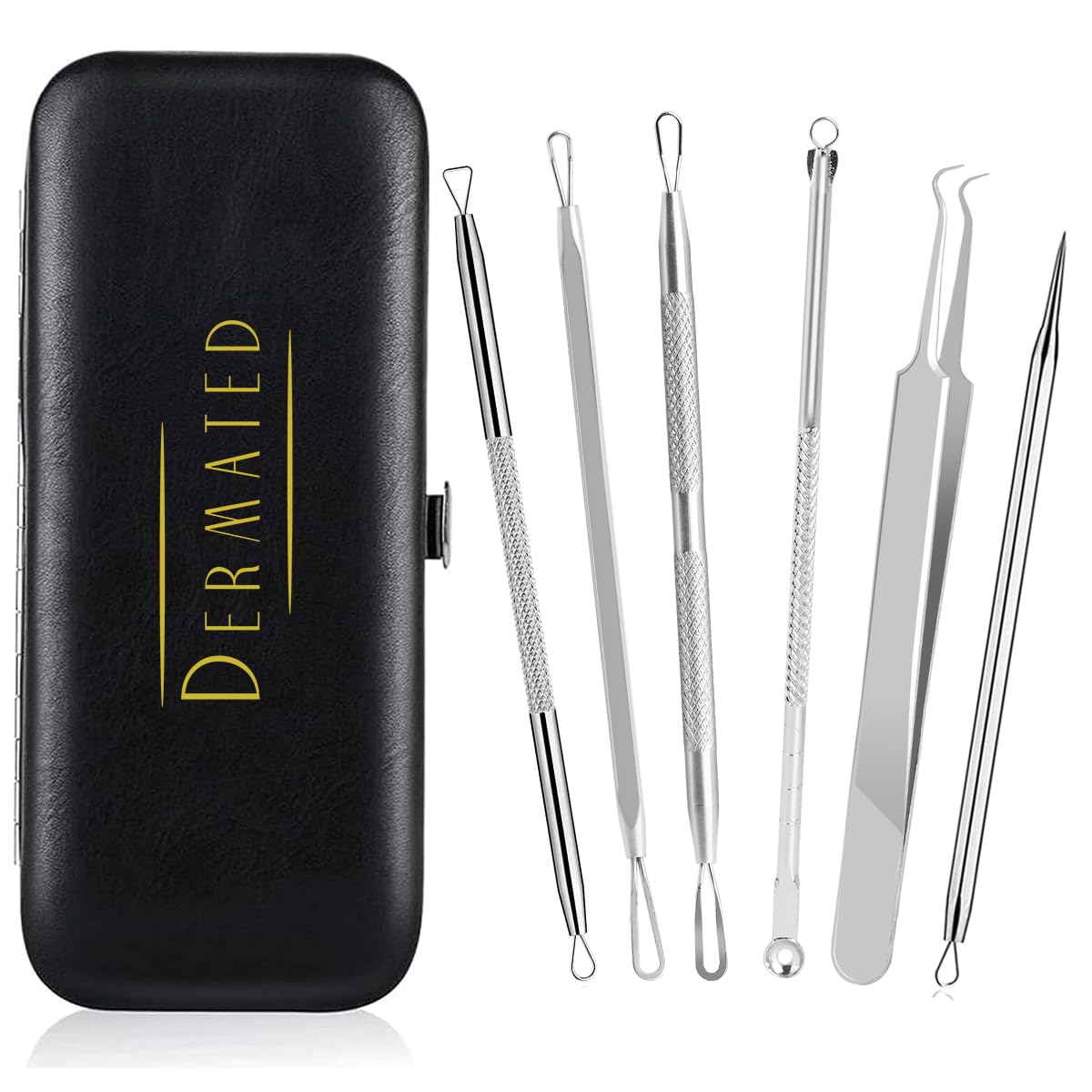 DERMATED [6 Pcs] 2024 Latest Pimple Popper Tool Kit | Stainless Steel Blackhead Remover with Leather Case & Mirror for Acne, Blackheads, Whiteheads, Face & Nose