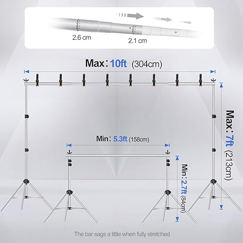 Miniatura 9 de EMART Soporte de fondo ajustable de 10 x 7 pies (ancho x alto) para estudio fotográfico con 2 barras transversales, 8 abrazaderas de telón de fondo,