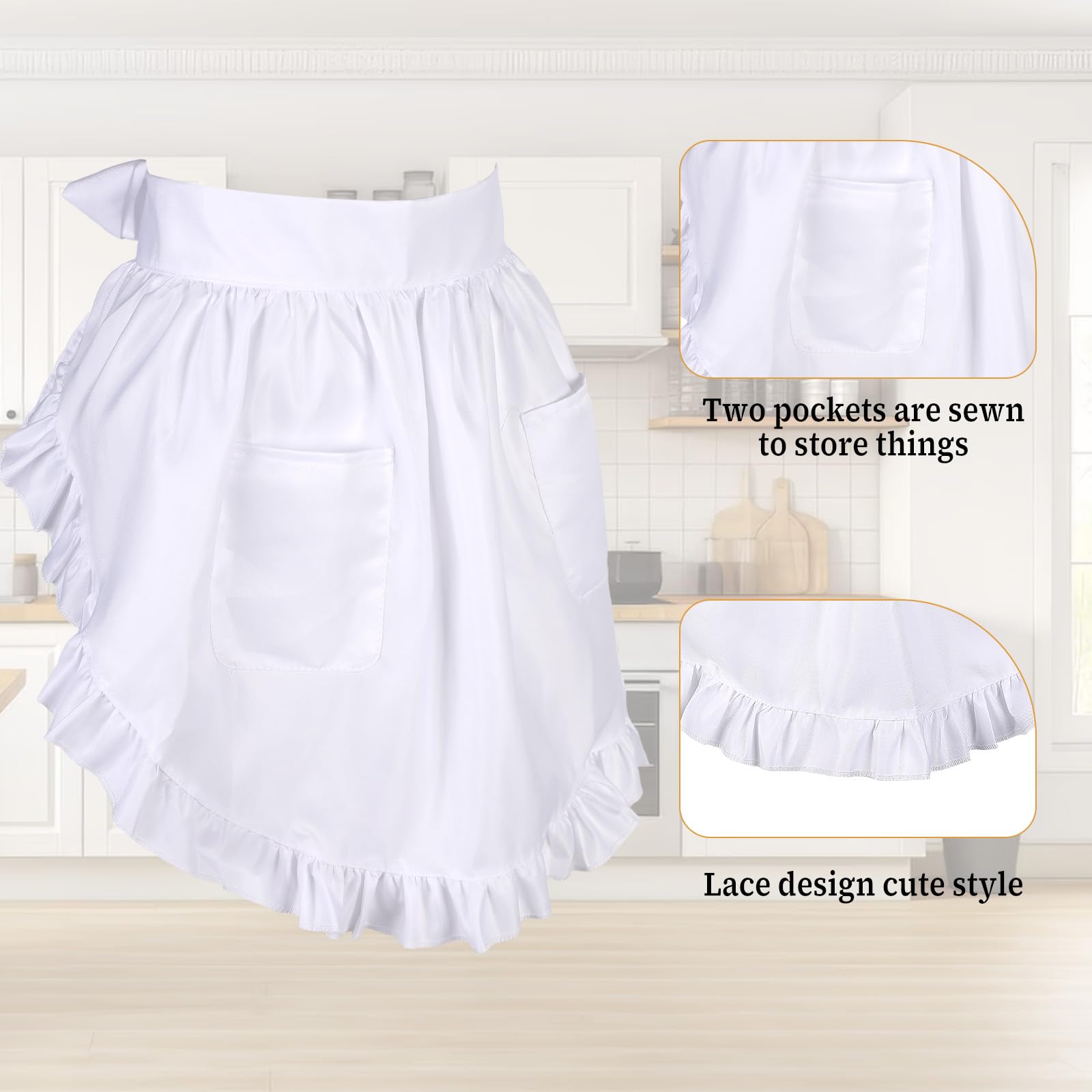 Lusofie Waist Apron with 2 Pockets,White Apron Half Waitress Aprons Adult Frilly Maid Aprons - Image 4