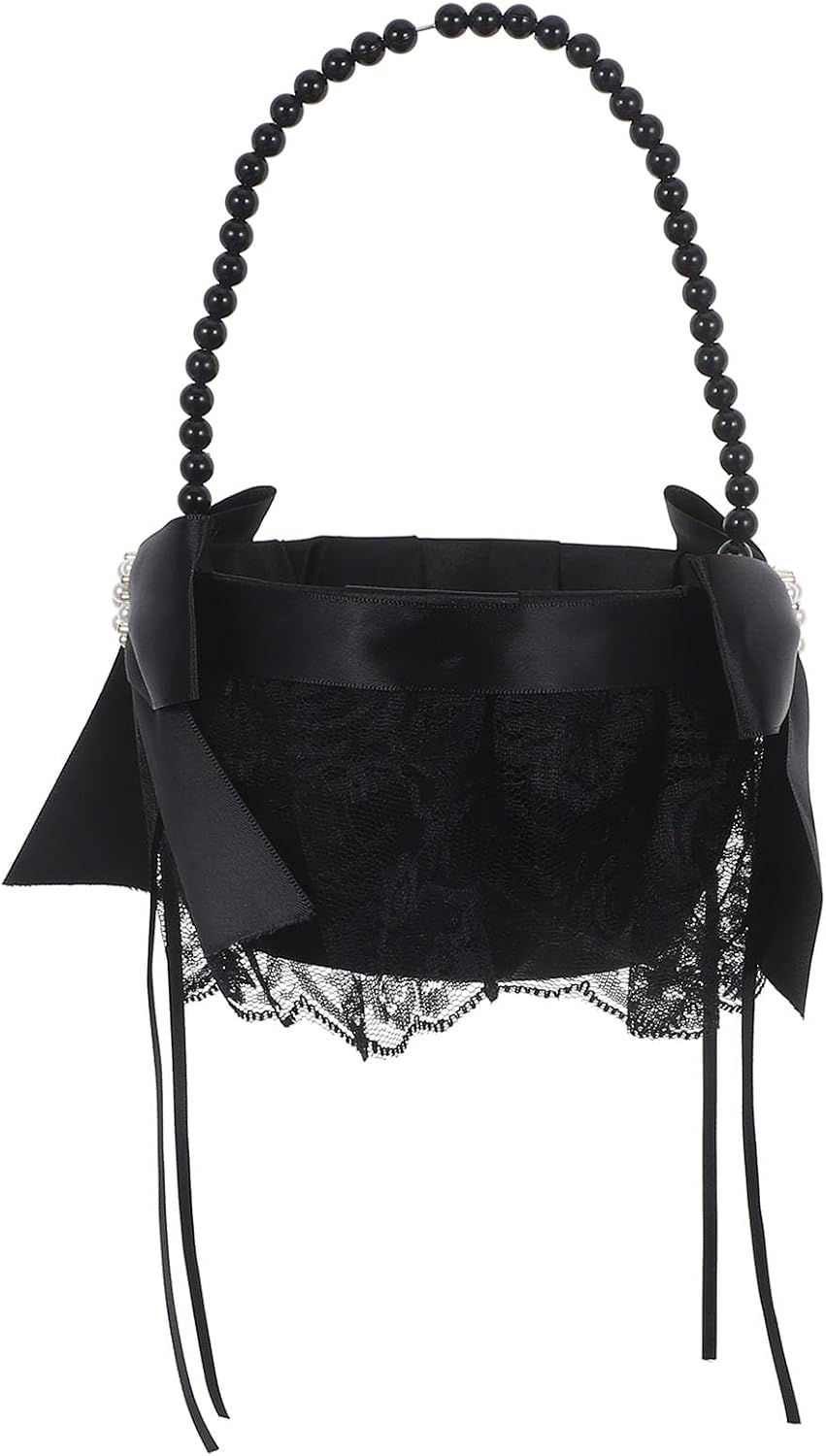 LUOZZY 2pcs Wedding Flower Girl Basket with Pearl Handle Black Petal Container for Ceremony Supplies
