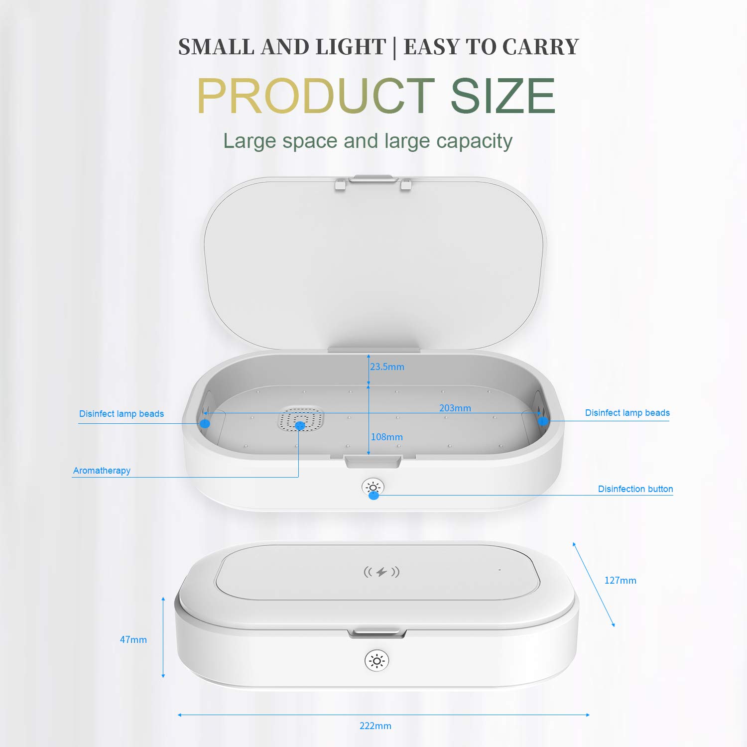Boîte de désinfection à lumière UV, machine de désinfection portable pour téléphone de voyage, multifonction, sans fil, rechargeable avec fonction d'aromathérapie pour bijoux, masques, lunettes, clés