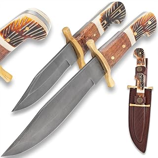 Timber Wolf Bison Plains Two-Piece Set | Blued Carbon Steel Blades | Walnut Wood and Bone Handles | Brass Pins & Handguard | Premium Leather Twin Sheath Included | 12" Large Knife | 8" Small Knife - Timber Wolf