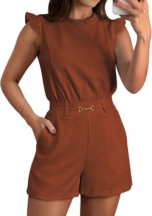 Pink Queen Sumemr Rompers for Women 2026 Ruffle Sleeve Crew Neck Short Jumpsuits Summer Outfits with Pockets