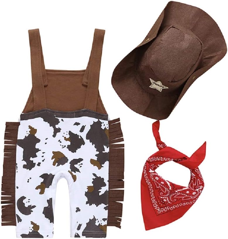 Toddler Kids Baby Boy Cowboy Suspenders Brown Camouflage Tassels Coverall Romper with Hat Handkerchief Outfit Sets (brown,6-12 Months)