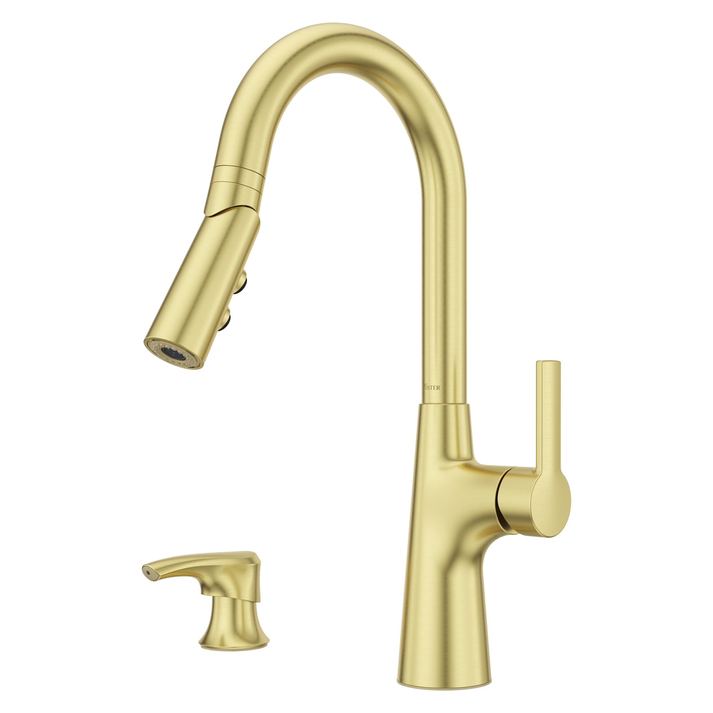 Pfister Tasso F5297TSOBG - Grifo de cocina con pulverizador extraíble y dispensador de jabón, mango único, arco alto, acabado dorado cepillado