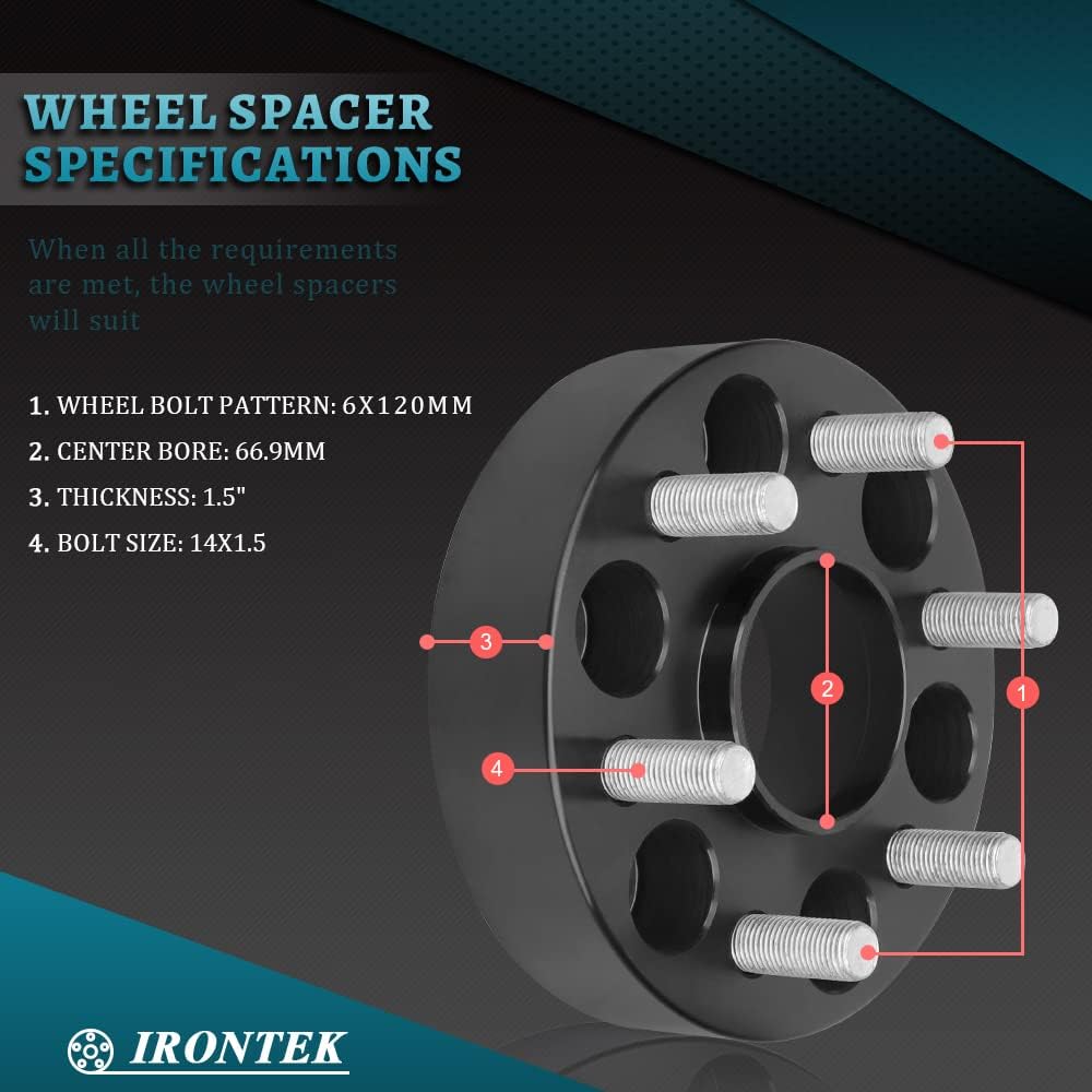 IRONTEK 6x120mm Hubcentric Wheel Spacers 1.5in (66.9mm Hub Bore, M14x1.5 Studs) 6x120mm Wheel Spacers for Cadillac Chevrolet GMC Canyon Acadia Traverse Blazer XT5 XT6 10.9 Grade Studs 4PCS