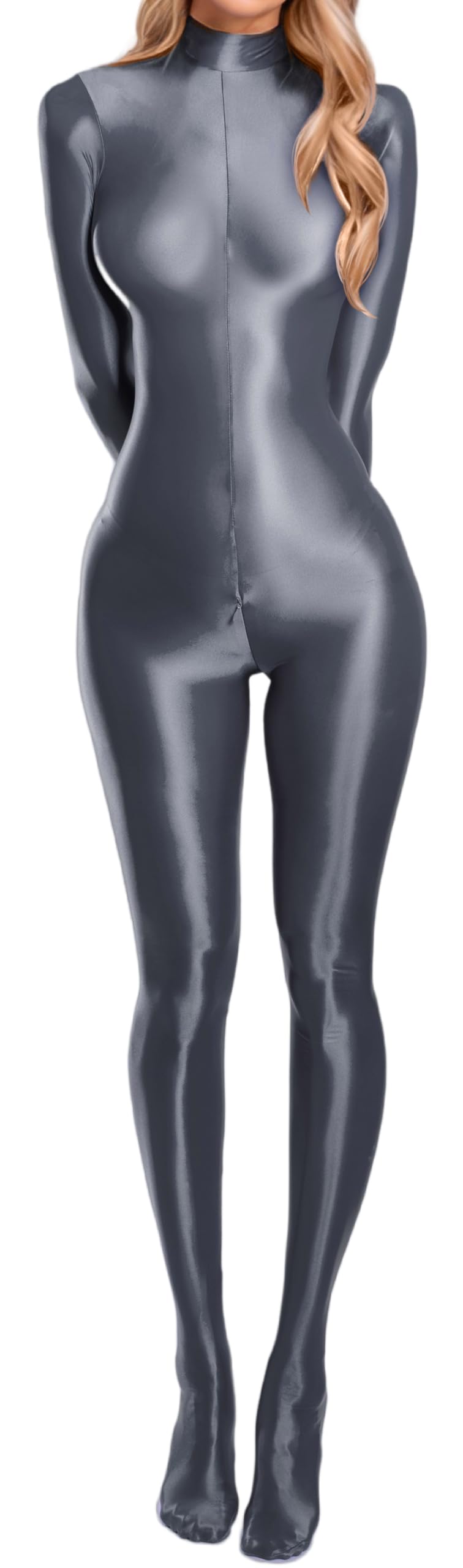FEOYA Women's Oil Shiny Bodysuit See Through Glossy Sheer Long Sleeve Catsuit Zipper Jumpsuits