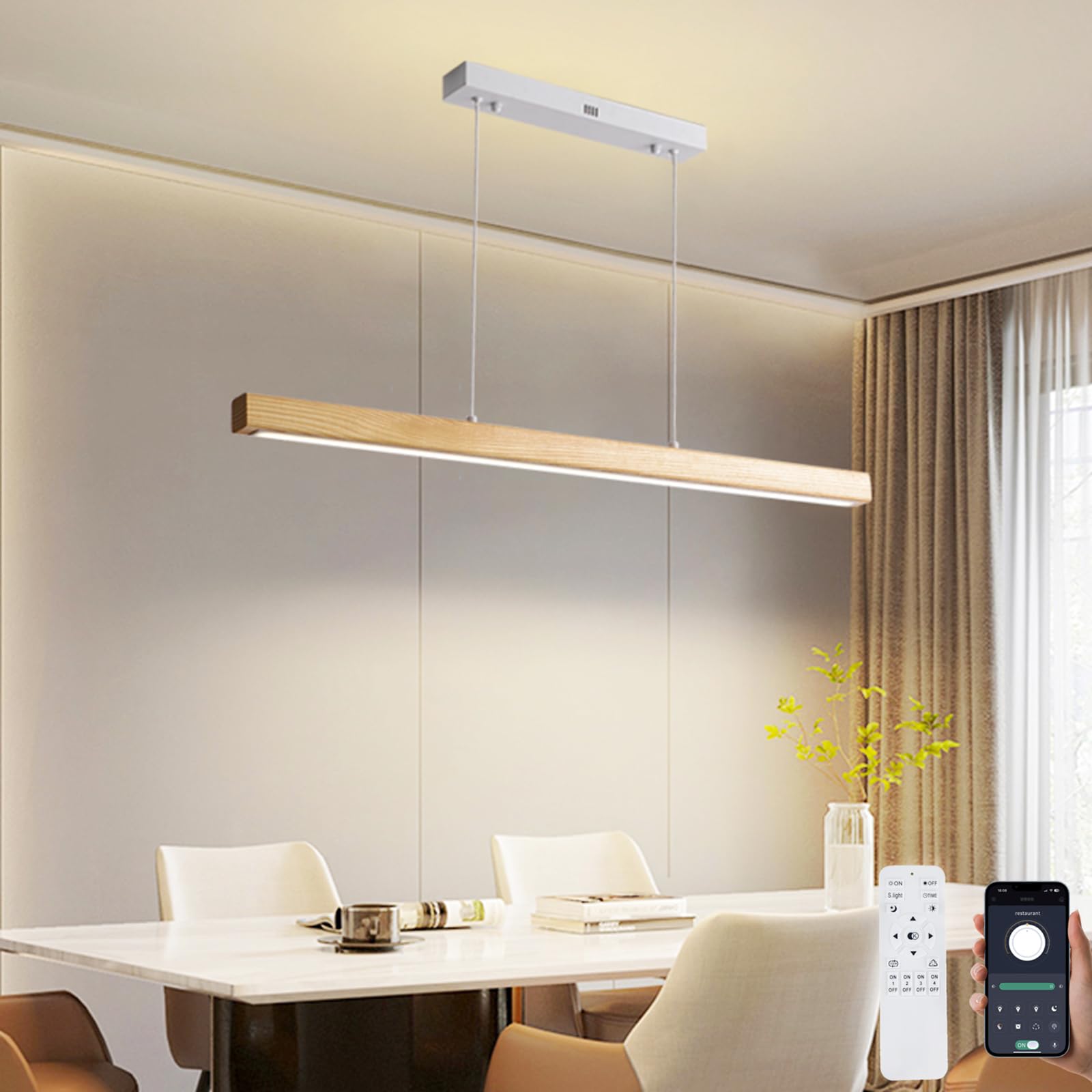LED Madera Lámpara Colgante Mesa de Comedor, Cocina, Luz Colgante Regulable Interiore Control Remoto y App Diseño Moderno, Ajustable Temperatura de Color, Brillo, Altura,L120CM/48W