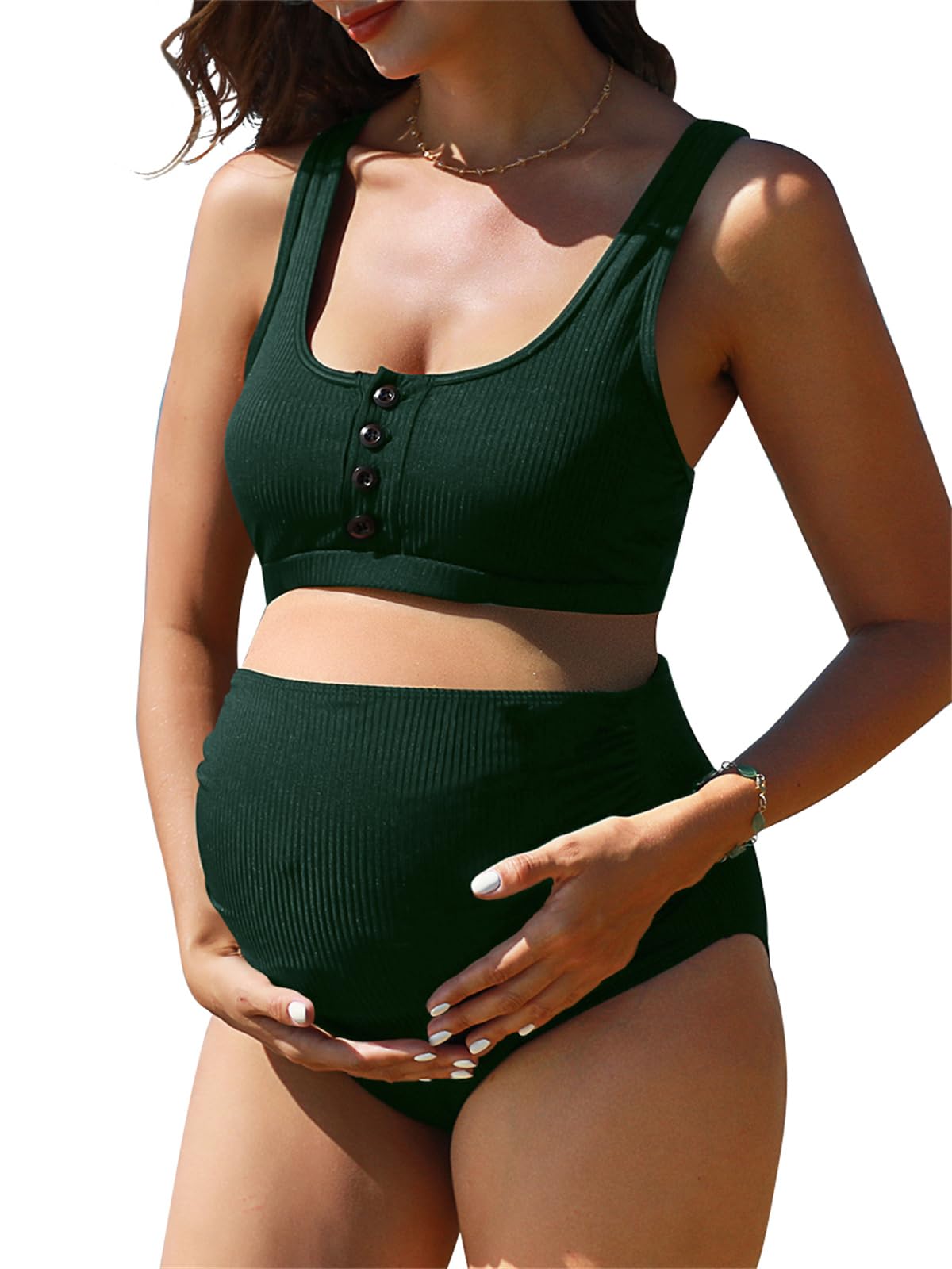 Summer Mae Maternity Ribbed High Waist Swimsuit Crop Top Bikini Bathing Suit High Cut Two Piece Pregnancy Swimwear Deep Green Large