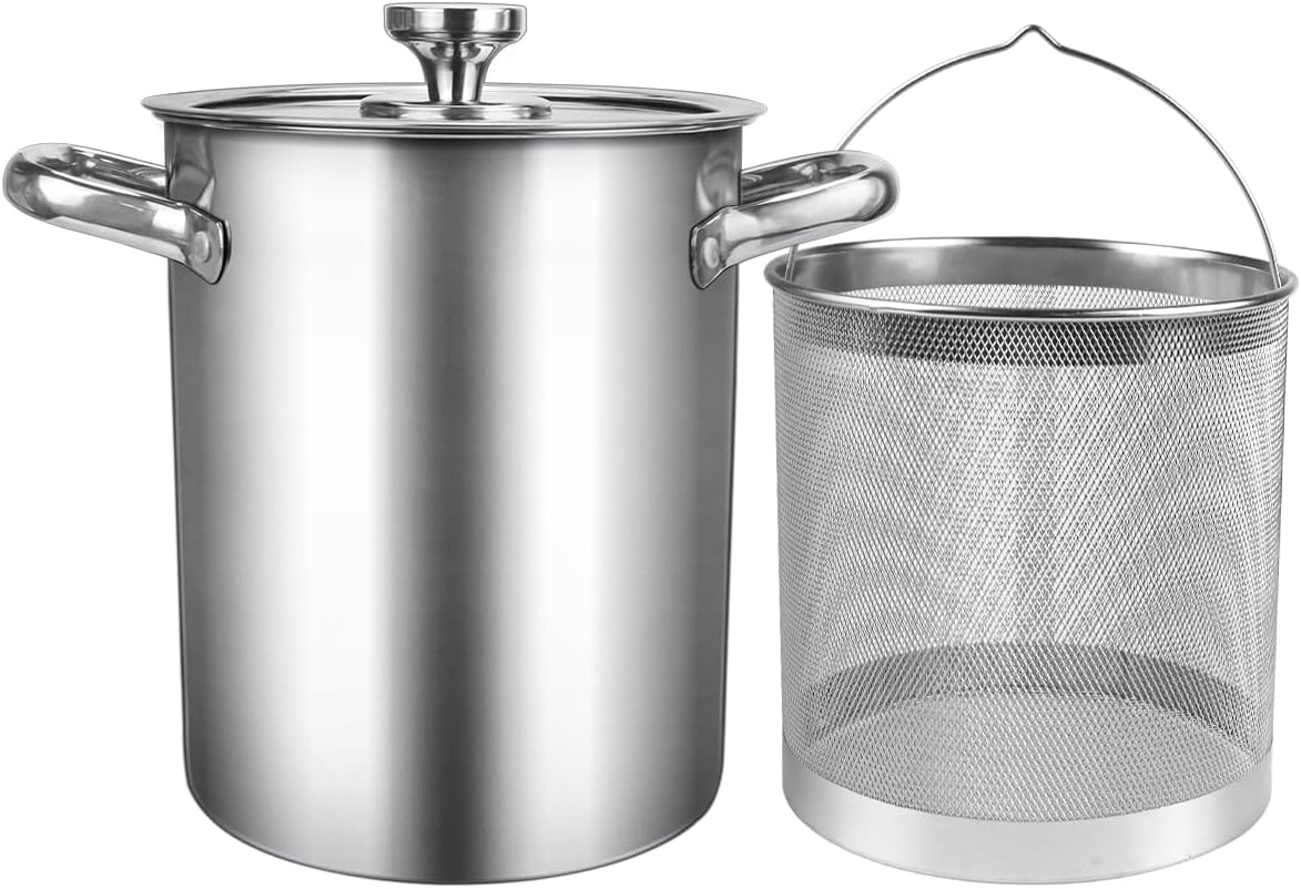 Deep Fryer With Lid and Basket - Stainless Steel Asparagus Steamer 2 in 1 Fry Pot With Mesh Steamer for French Fries, Chicken, Cooking Vegetables