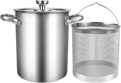 Freidora con tapa y cesta Vaporizador de espárragos de acero inoxidable 2 en 1 olla con vapor de malla para papas fritas, pollo, cocinar verduras