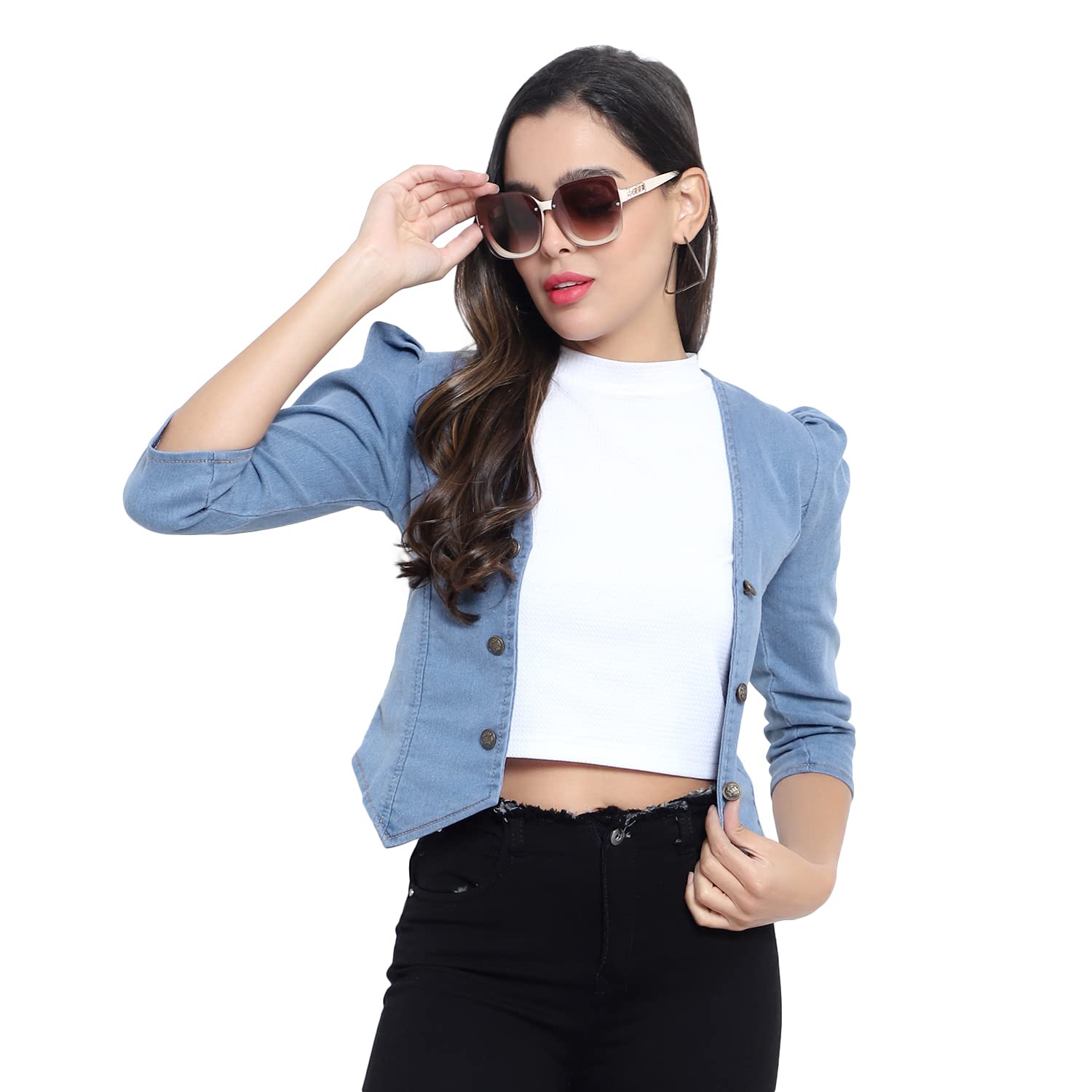 women Puffed sleeves Denim shrug Jacket - SKY BLUE (L)