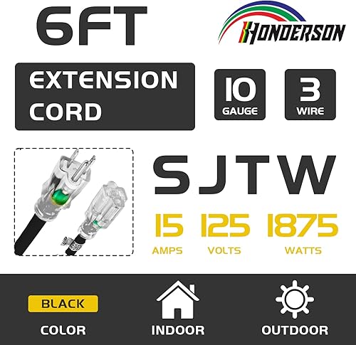 Miniatura 2 de Cable de extensión iluminado para exteriores de 6 pies, cable de extensión negro resistente SJTW 103 con enchufe de conexión a tierra de 3 clavijas