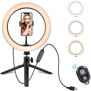 10" LED Ring Light with Flexible Phone Holder, Tripod Stander, Desk Makeup Selfie Ring Light with Dimmable 3 Light Modes 10 Brightness Level
