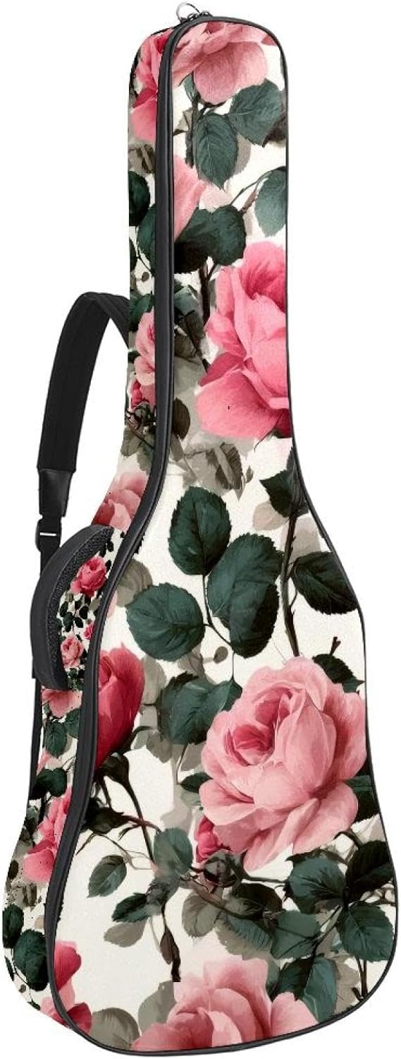 Acoustic Guitar Gig Bag 10mm Thick Padding, Soft Waterproof Guitar Case with Adjustable Backpack Straps for 40-42 Inch Guitar, Pink Roses Floral Nature Flowers