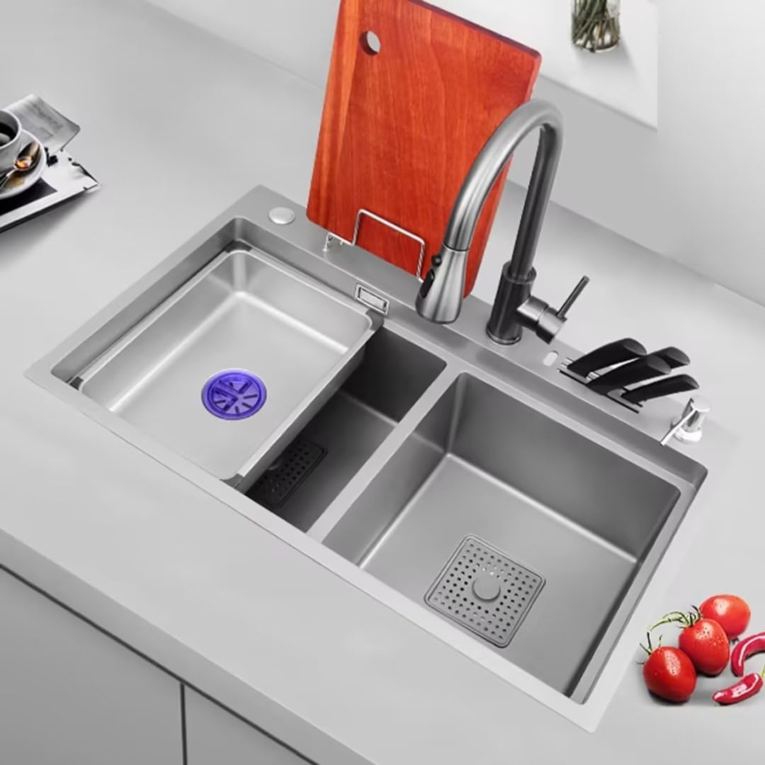Aioneer Double Sink Stainless Steel Undermount Prep Kitchen Sink, With Pull-Out Faucet, And Drainage For Workstation Kitchen-78-46cm Grigio