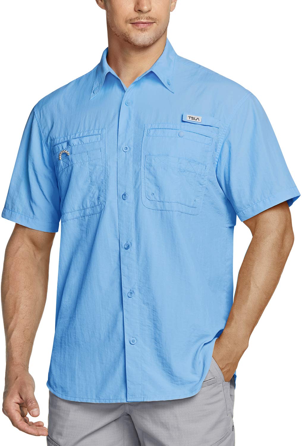 TSLAMen's Performance Fishing Shirt, UPF 50+ Breathable Button Down Shirts, Outdoor Recreation Short Sleeve Shirt