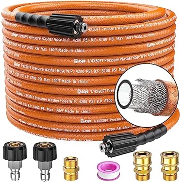 AMAZON - YASQA Pressure Washer Hose 50FT X 1/4, Kink Resistant Real 4200 PSI Heavy Duty Power Washer Hose Kits with M22-14mm x 3/8″ Quick Connect Extension Adapter Replacement for Pressure Washer hoses