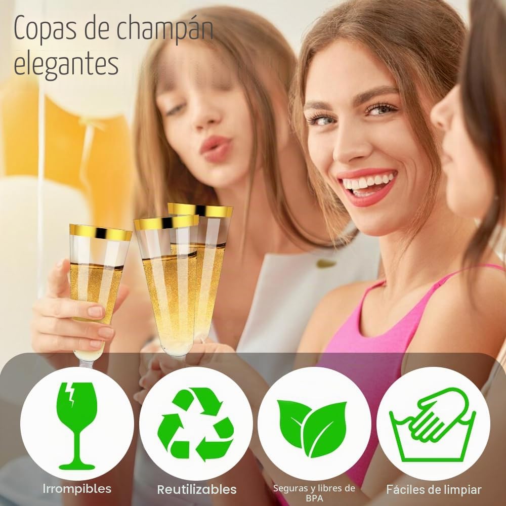 Copas de champán de plástico, 100 unidades, reutilizables, 150 ml, con bordes dorados para bodas, cumpleaños, picnics y fiestas