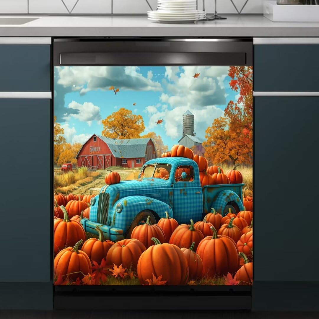 Fall Truck Pumpkins Dishwasher Magnet Cover, Farmhouse Halloween Magnetic Decals, Refrigerator & Dishwasher Covers