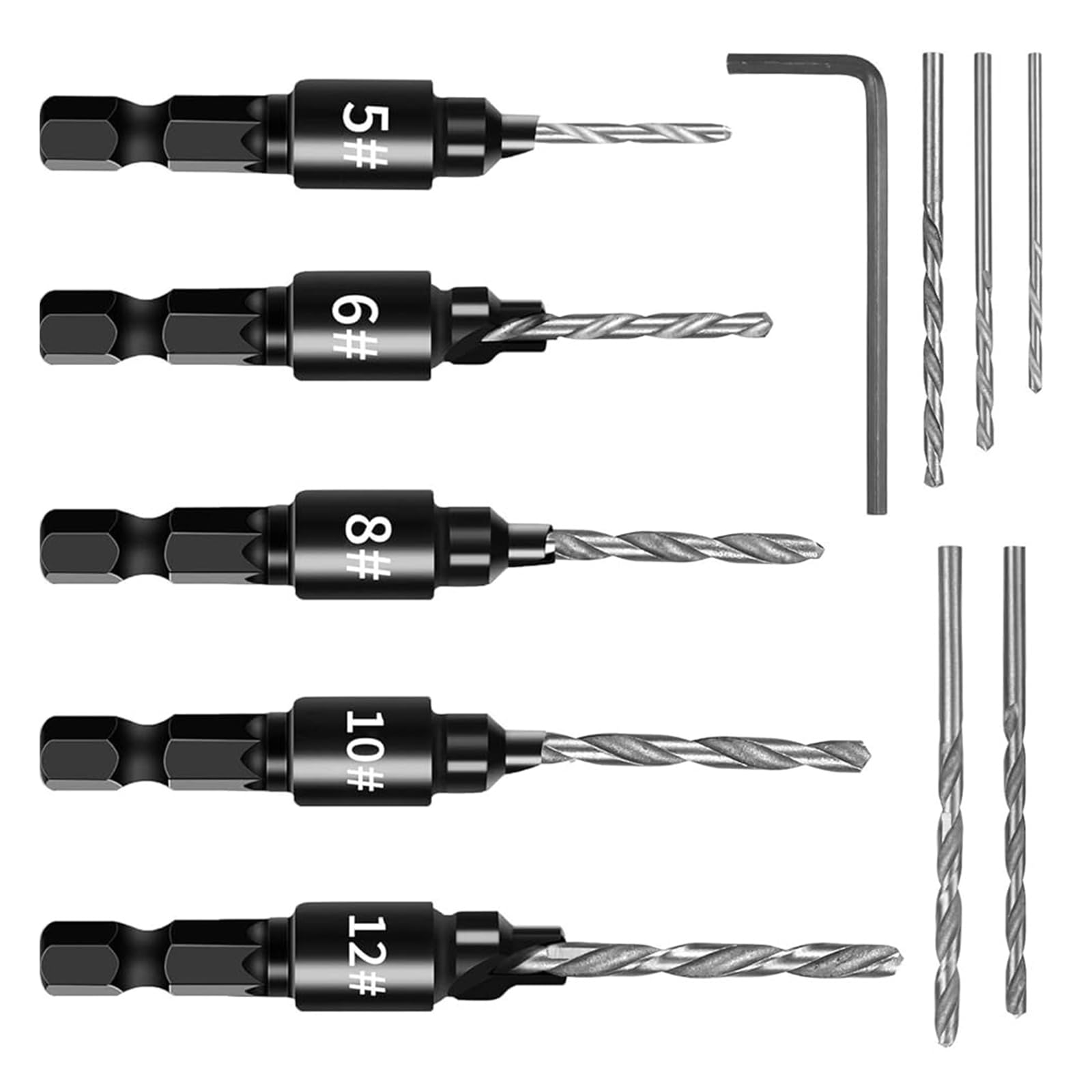 5Pcs Countersink Drill Bit Set - 1/4inch Hex Shank Quick Change Bits for #5#6#8#10#12 Screws with L-Wrench