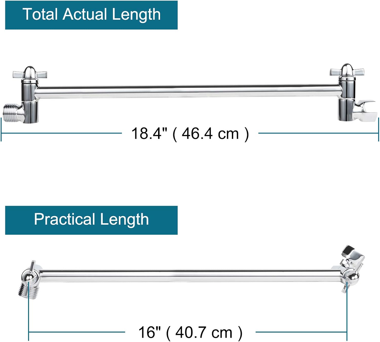 16 Inch Solid Brass Adjustable Shower Head Extension Arm Flexible Height & Angle Shower Arm Extender with Lock Joints, Universal Connection Extra Long Shower Extension Arm, Chrome Finish