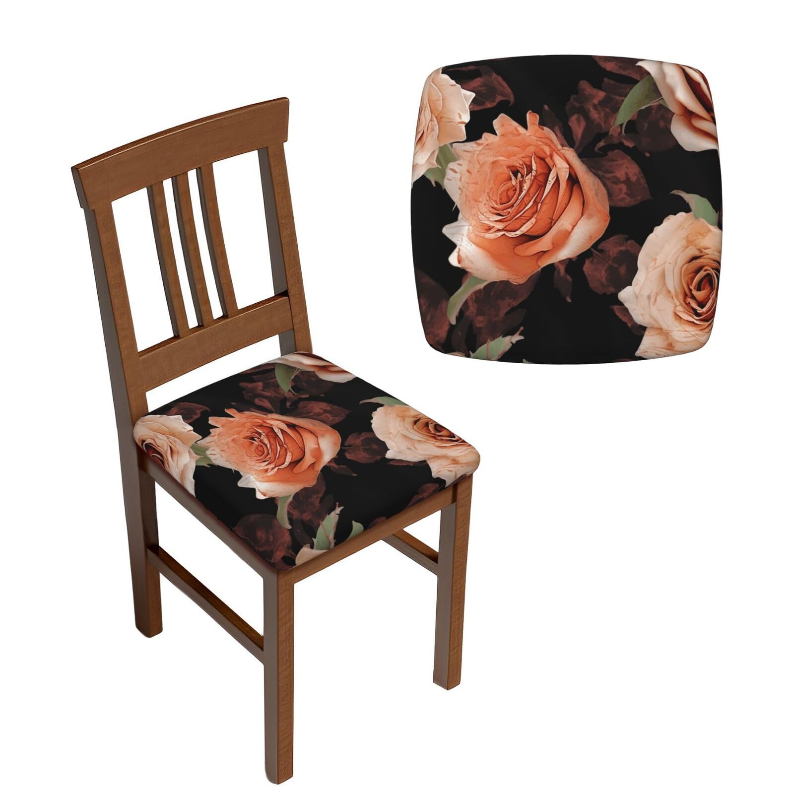 NONHAI 4PCS Dining Chair Seat Covers Set Black Peach Rose Stretch Removable Chairs Covers Washable Seat Cushion Slipcovers Protector for Dining Room Kitchen Chairs