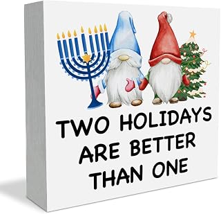 Christmas Hanukkah Sign Gnome Chrismukkah Decorations Two Holidays Are Better Than One Wooden Box Sign for Home Bedroom Office Shelf Desk, Interfaith Family Gifts