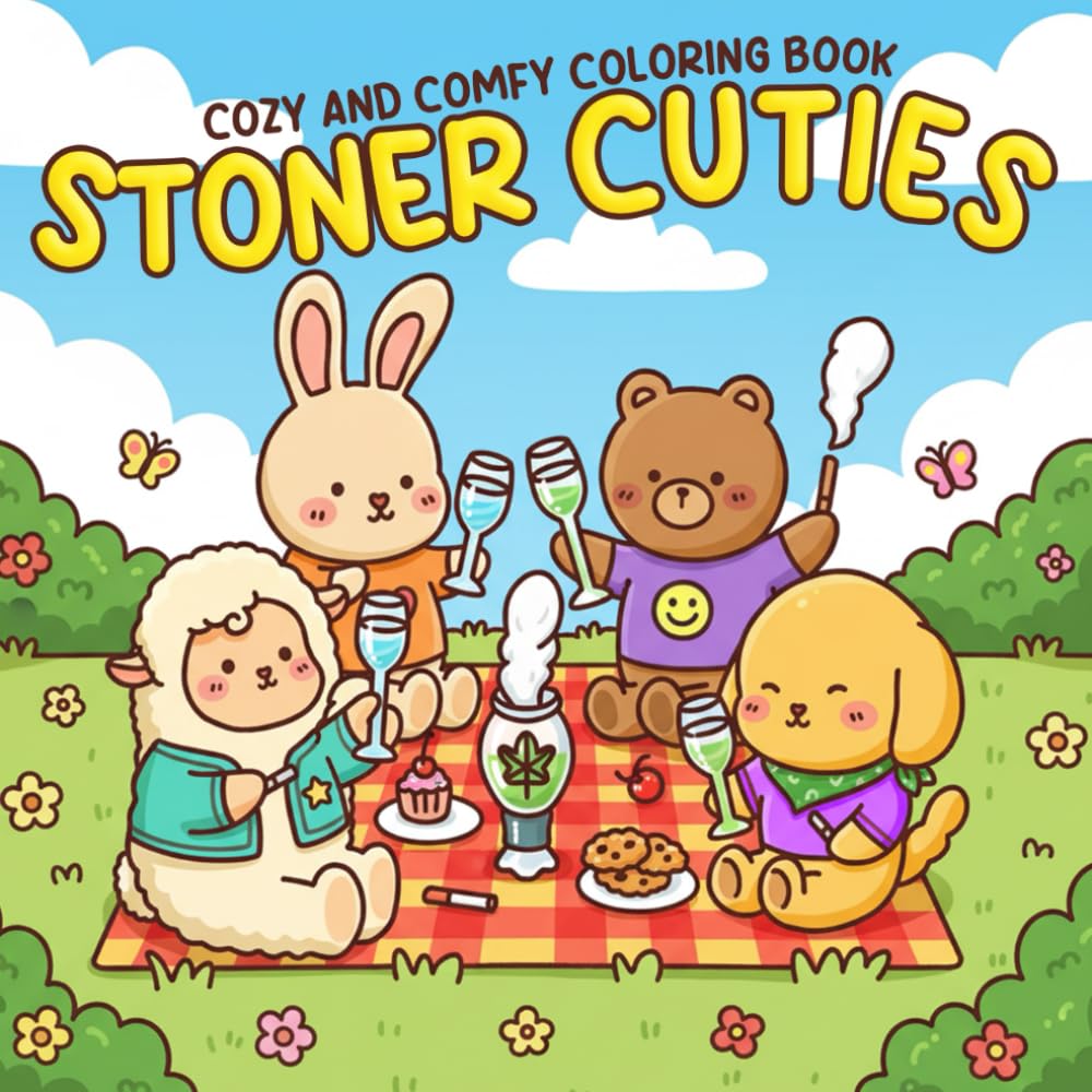 Stoner Cuties Coloring Book: Cute Psychedelic Coloring Pages with Kawaii Animal Characters in Cozy and Weed-Themed Scenes Illustrations for Adults 420 Humor Stress Relief