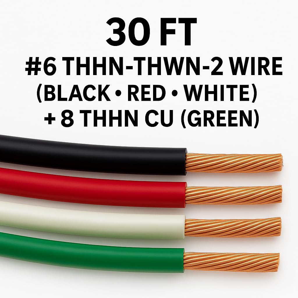 30 FEET THHN Stranded Copper Wire – 6 AWG Black, Red, White + 8 AWG Green Ground – Color-Coded Electrical Wire for Residential & Commercial Projects