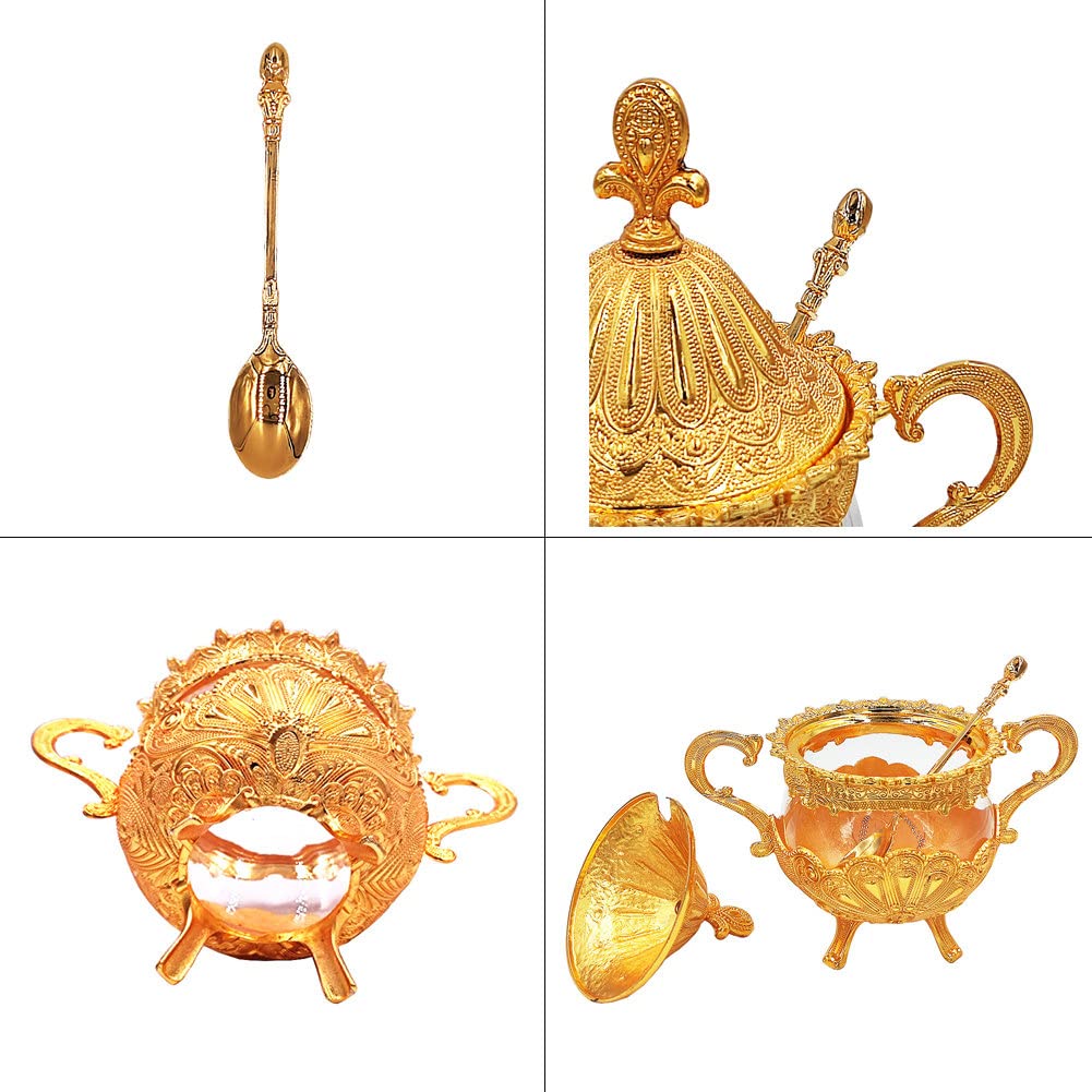 Bol à Sucre/Pot Boîte Distributeur Pot à Épices Sel Assaisonnement, Sucrier avec Couvercle et Cuillère for Cuisine Café Bar et Fête de Mariage, Récipient à Sucre en Métal et Verre for Cube de Sucre et