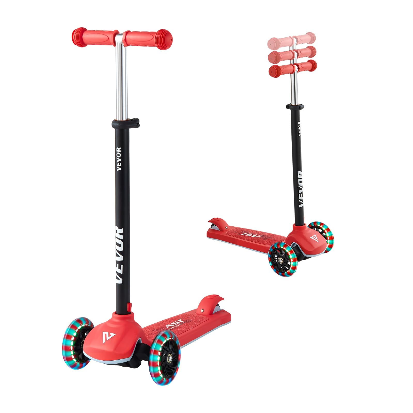 VEVOR 3-Wheel Scooter for Children 3 Years and Up, Illuminated Wheels, Adjustable Height Handlebar, Non-Slip Base and Lightweight Aluminium Frame, up to 75 kg, Red, 520 x 250 x 800 mm