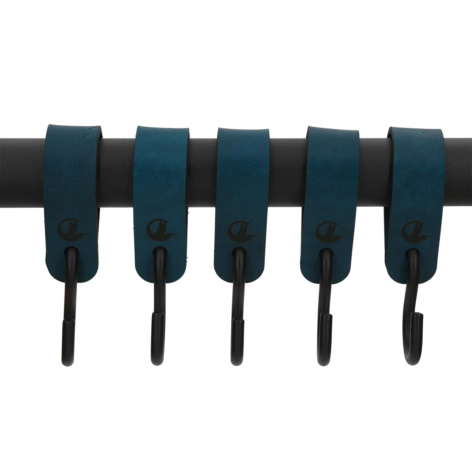 Leder S-Haken, 5er-Set, Geschirrleder mit Edelstahlhaken, für Garderobe und Kleiderstange, rund und eckig, blaugrün